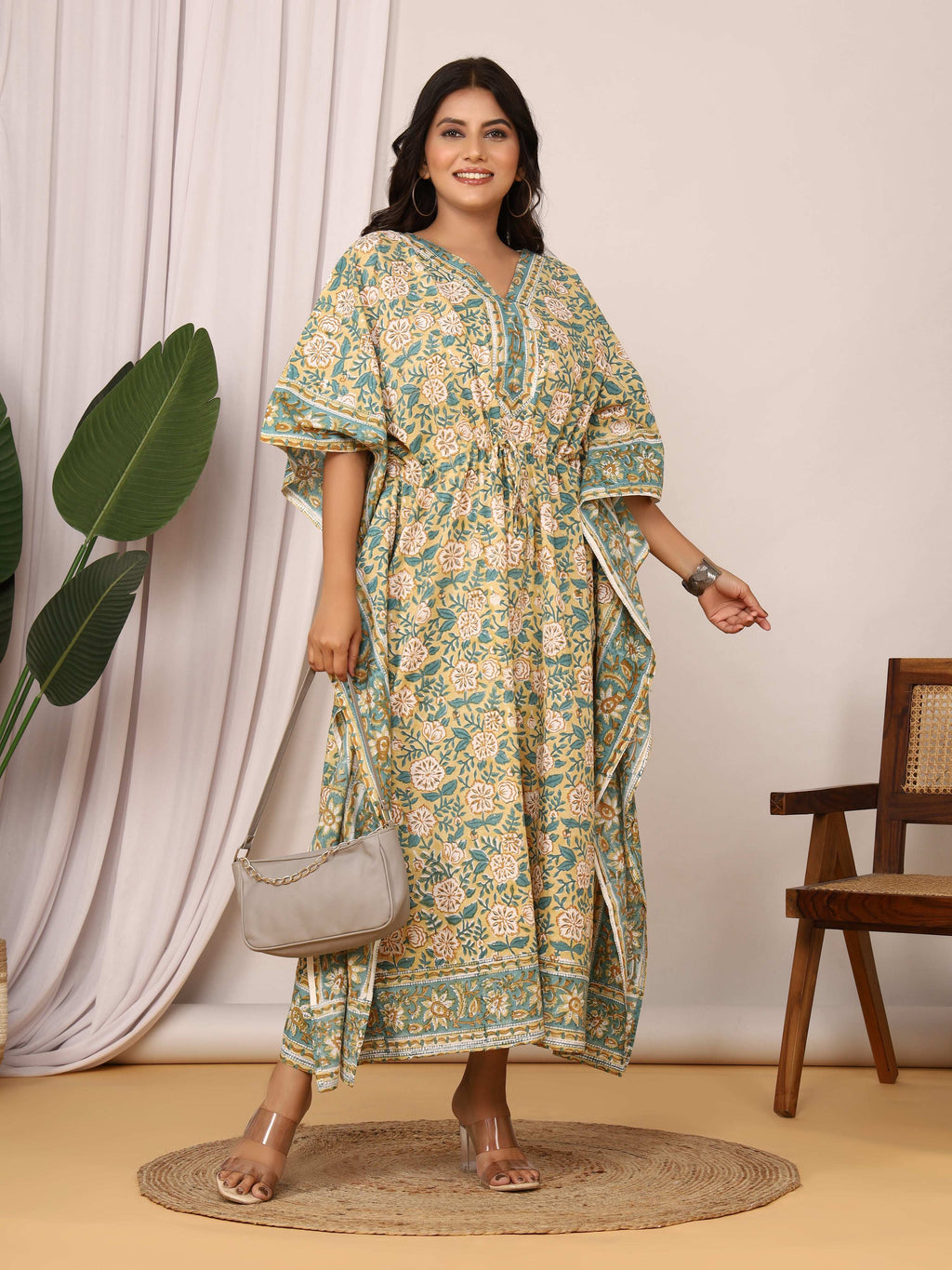 Sanganeri Floral Print Beige & Green Cotton Kaftan