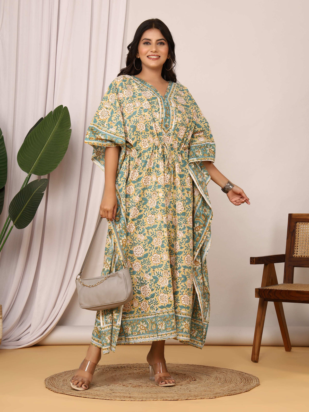 Sanganeri Floral Print Beige & Green Cotton Kaftan