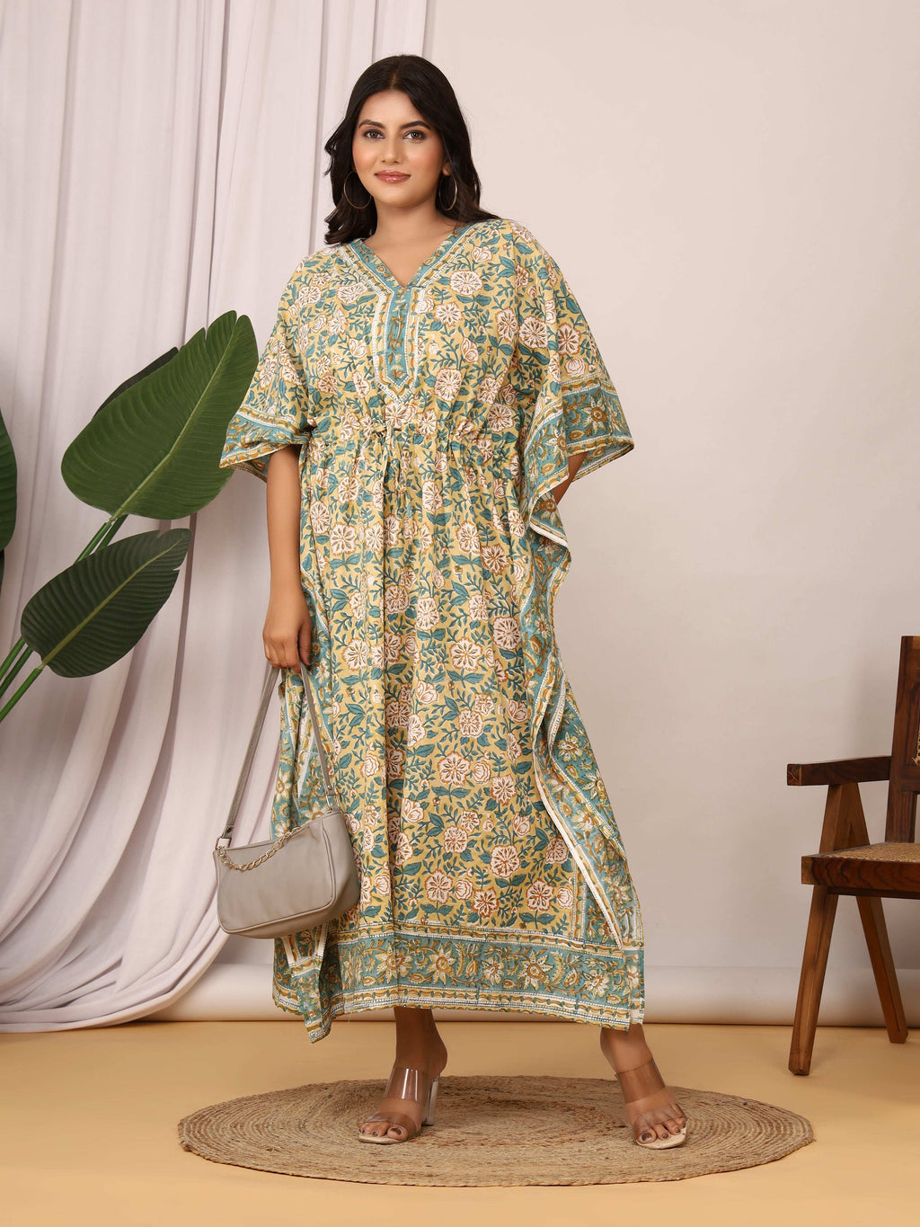 Sanganeri Floral Print Beige & Green Cotton Kaftan