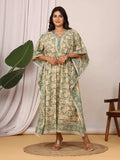Sanganeri Floral Print Beige & Green Cotton Kaftan