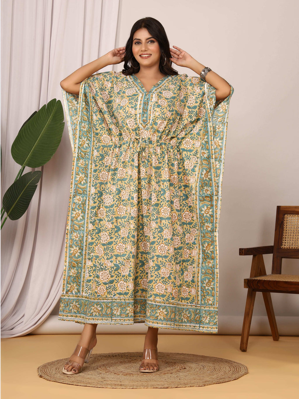 Sanganeri Floral Print Beige & Green Cotton Kaftan