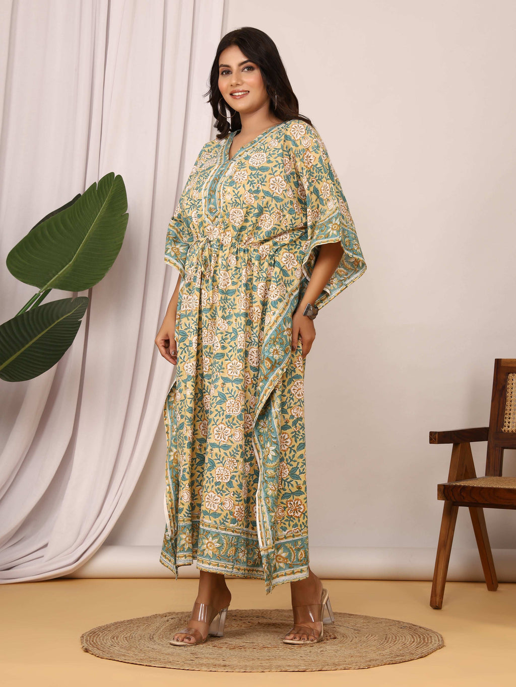 Sanganeri Floral Print Beige & Green Cotton Kaftan