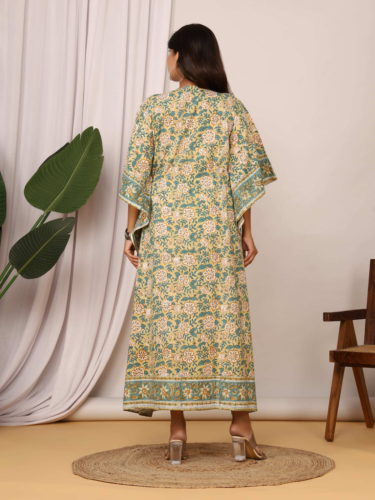 Sanganeri Floral Print Beige & Green Cotton Kaftan