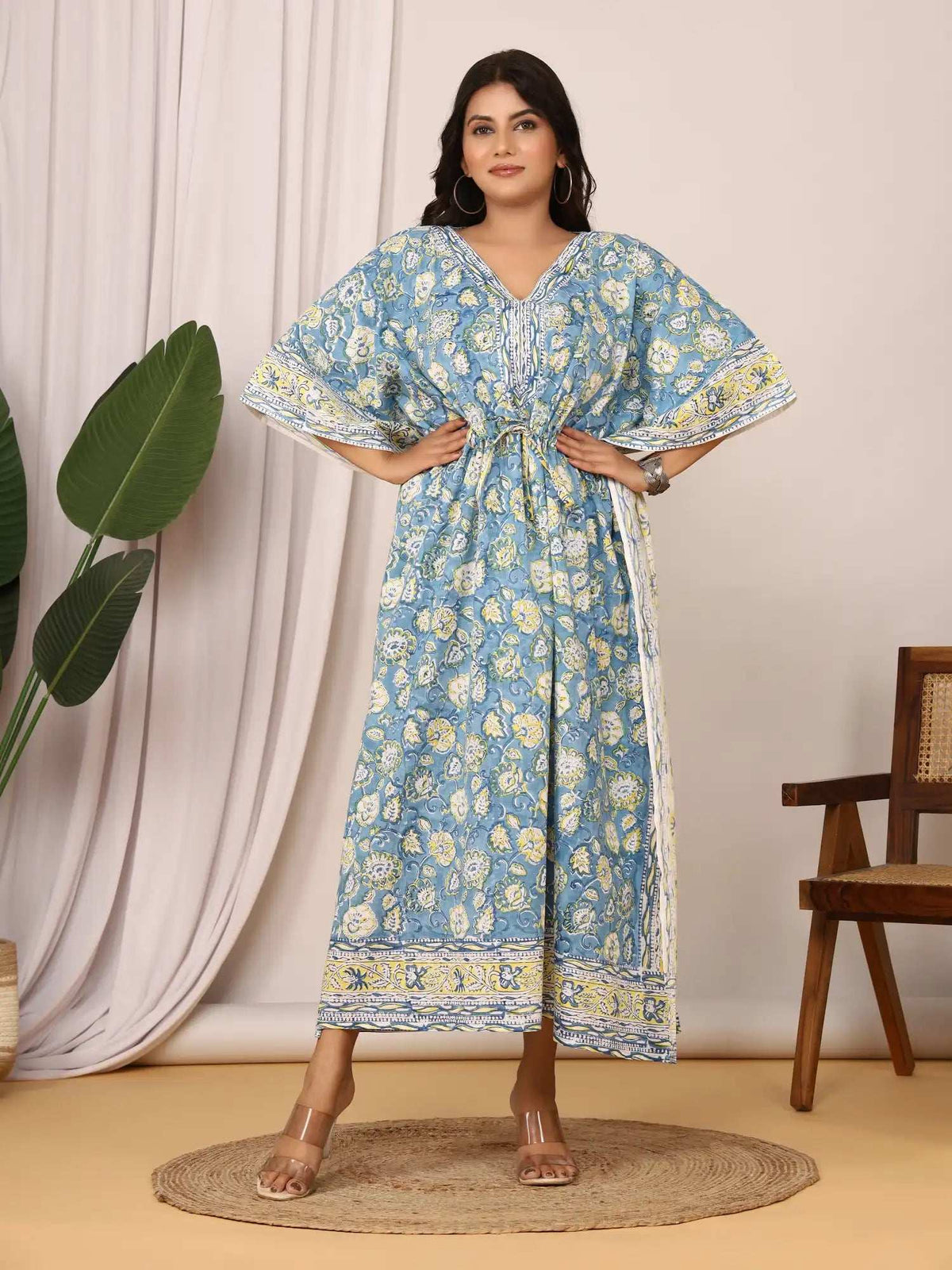 Sanganeri Floral Print Blue & Yellow Cotton Kaftan