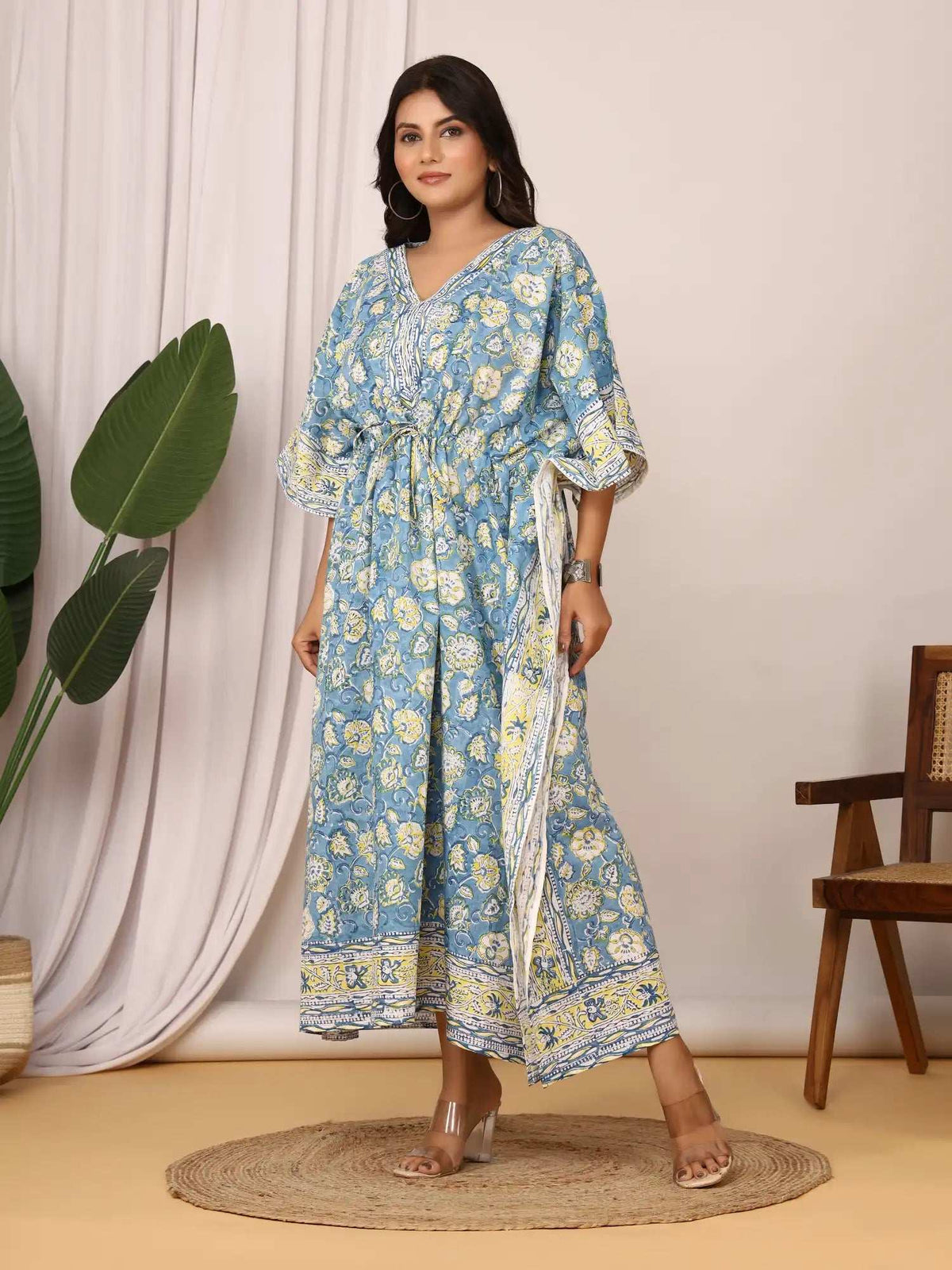 Sanganeri Floral Print Blue & Yellow Cotton Kaftan