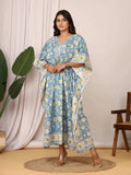 Sanganeri Floral Print Blue & Yellow Cotton Kaftan