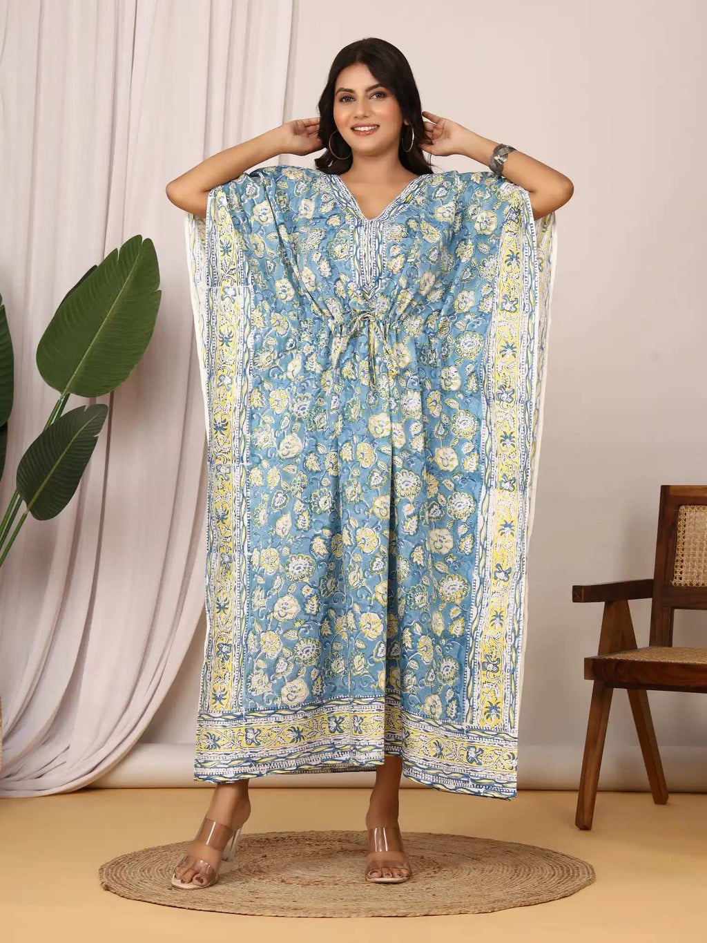 Sanganeri Floral Print Blue & Yellow Cotton Kaftan