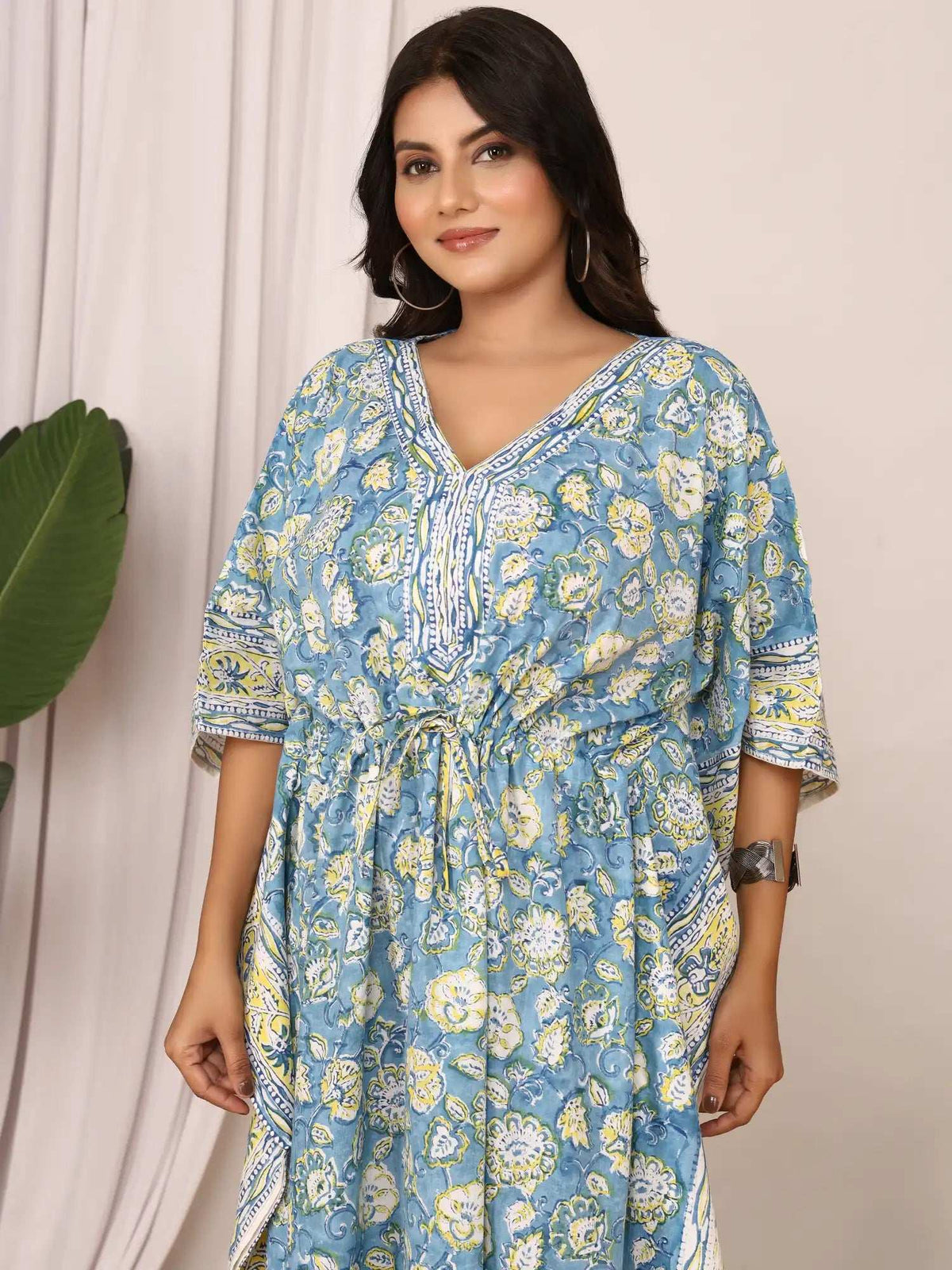 Sanganeri Floral Print Blue & Yellow Cotton Kaftan