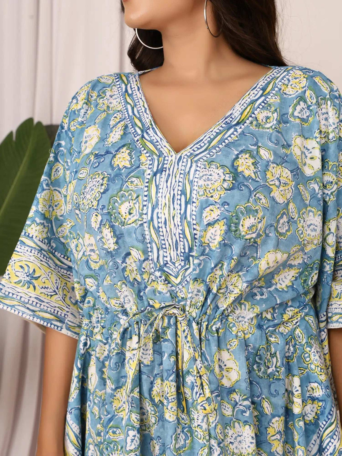 Sanganeri Floral Print Blue & Yellow Cotton Kaftan