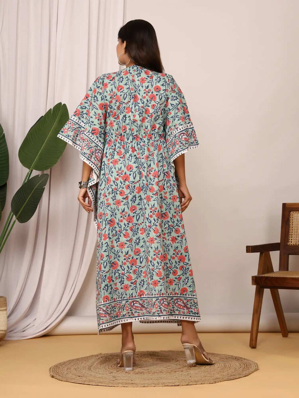 Sanganeri Floral Print Mint Green & Red Cotton Kaftan