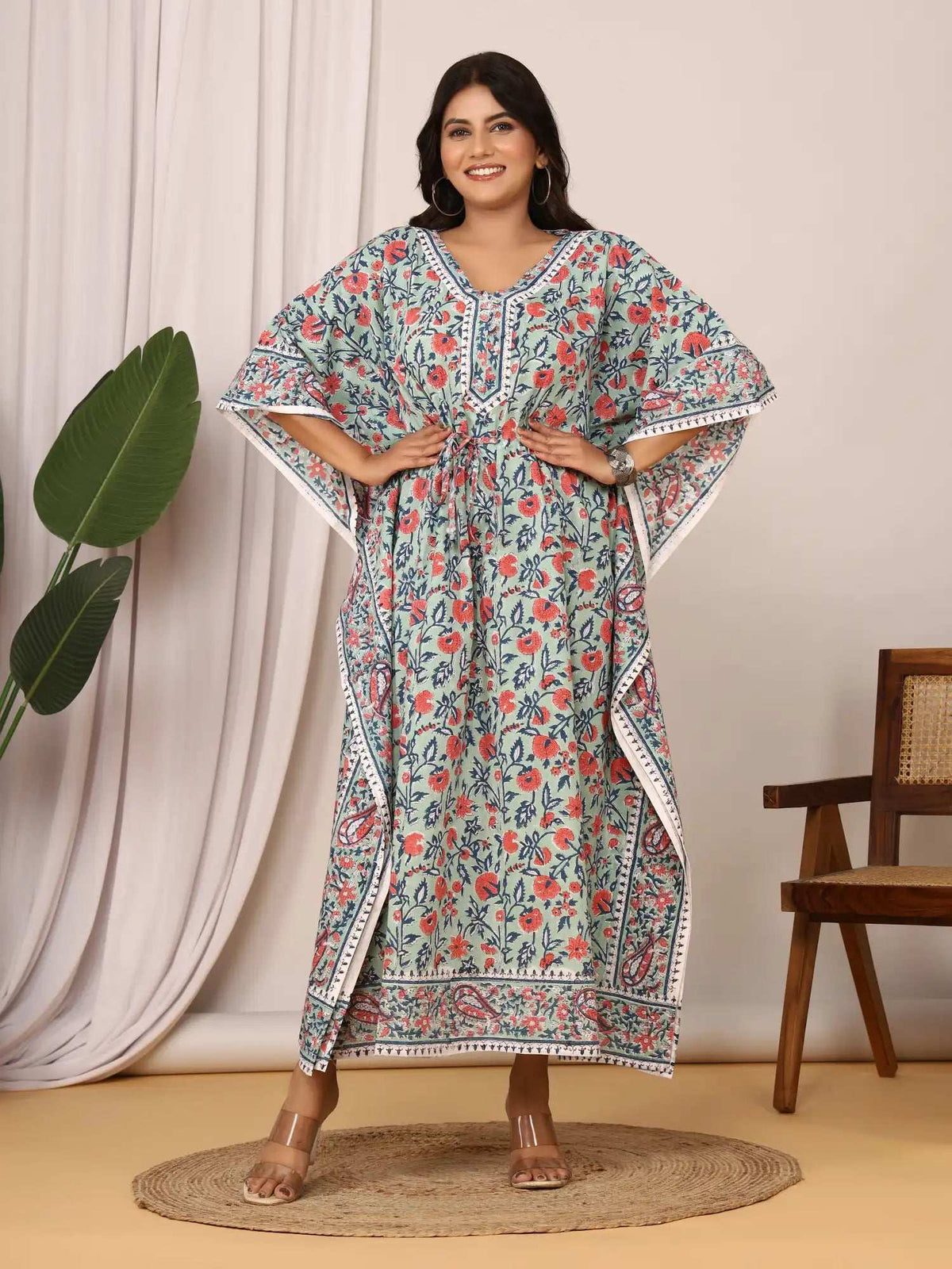 Sanganeri Floral Print Mint Green & Red Cotton Kaftan