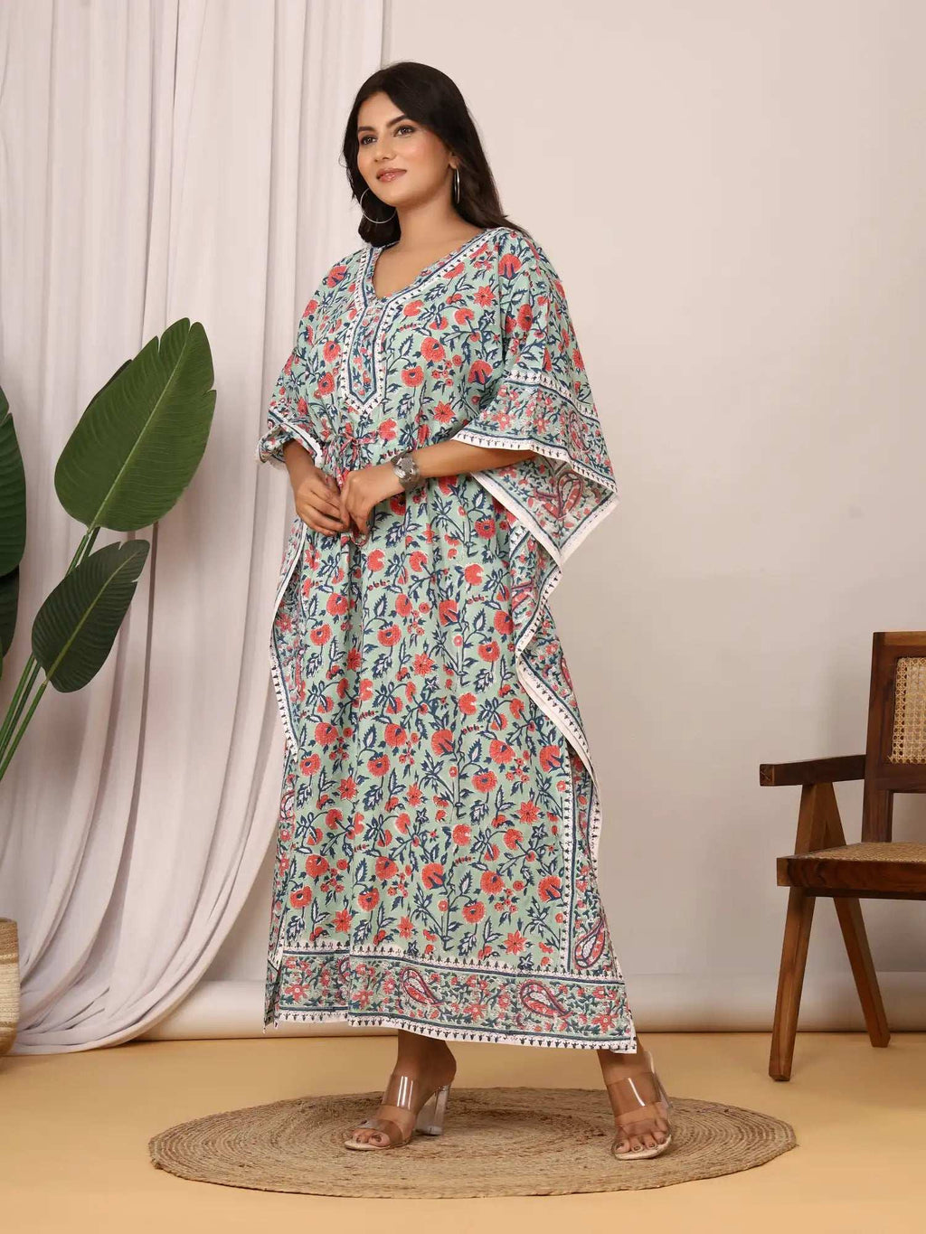 Sanganeri Floral Print Mint Green & Red Cotton Kaftan