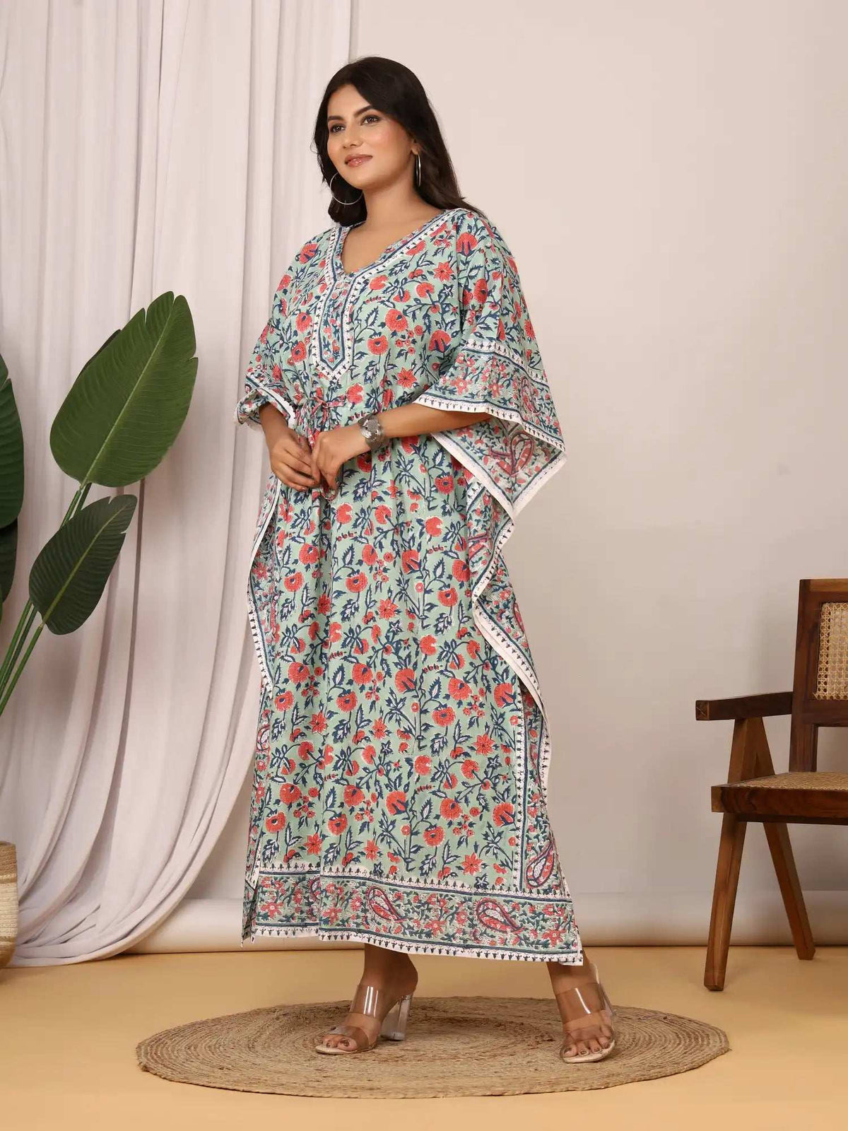 Sanganeri Floral Print Mint Green & Red Cotton Kaftan