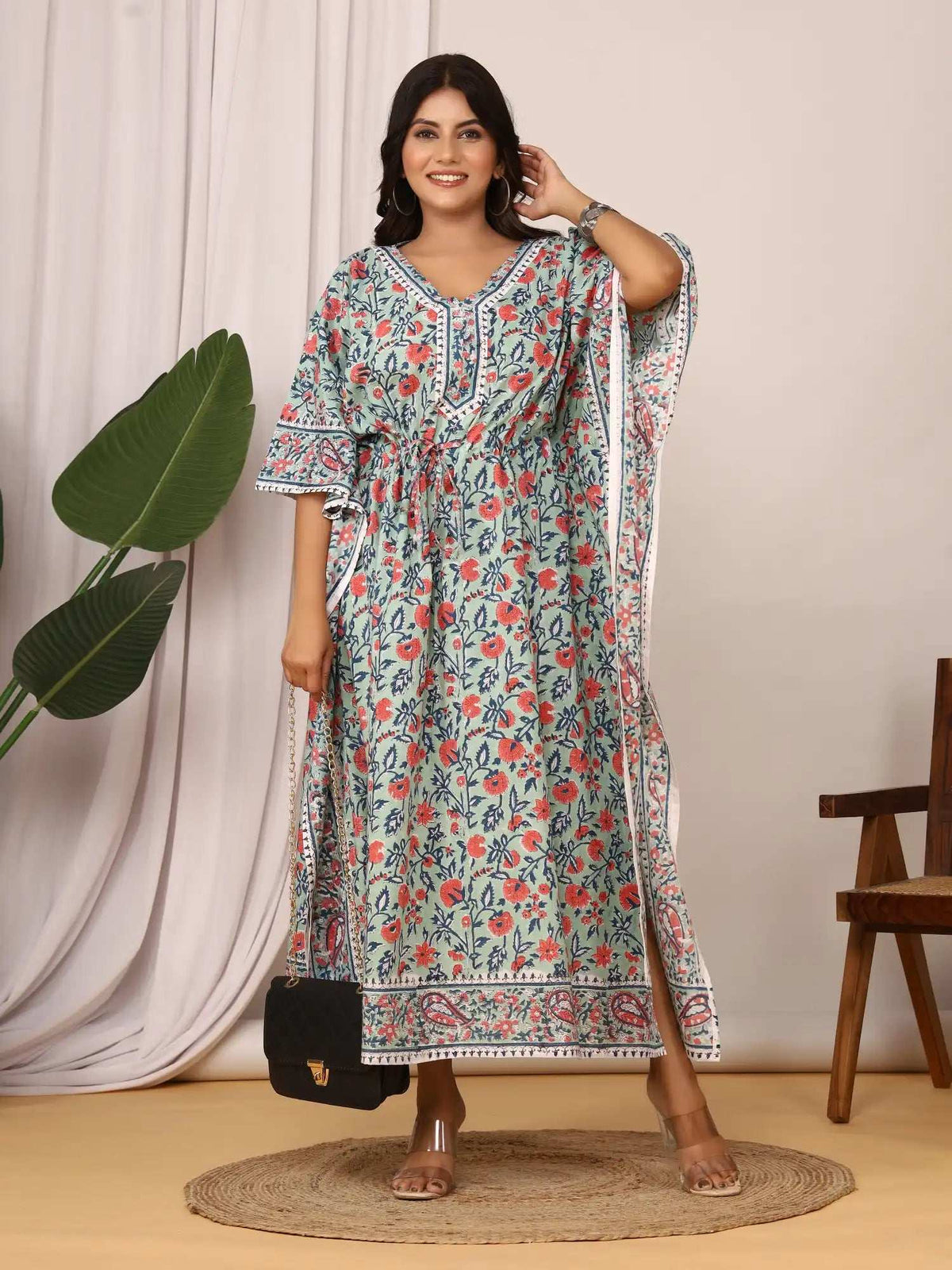 Sanganeri Floral Print Mint Green & Red Cotton Kaftan