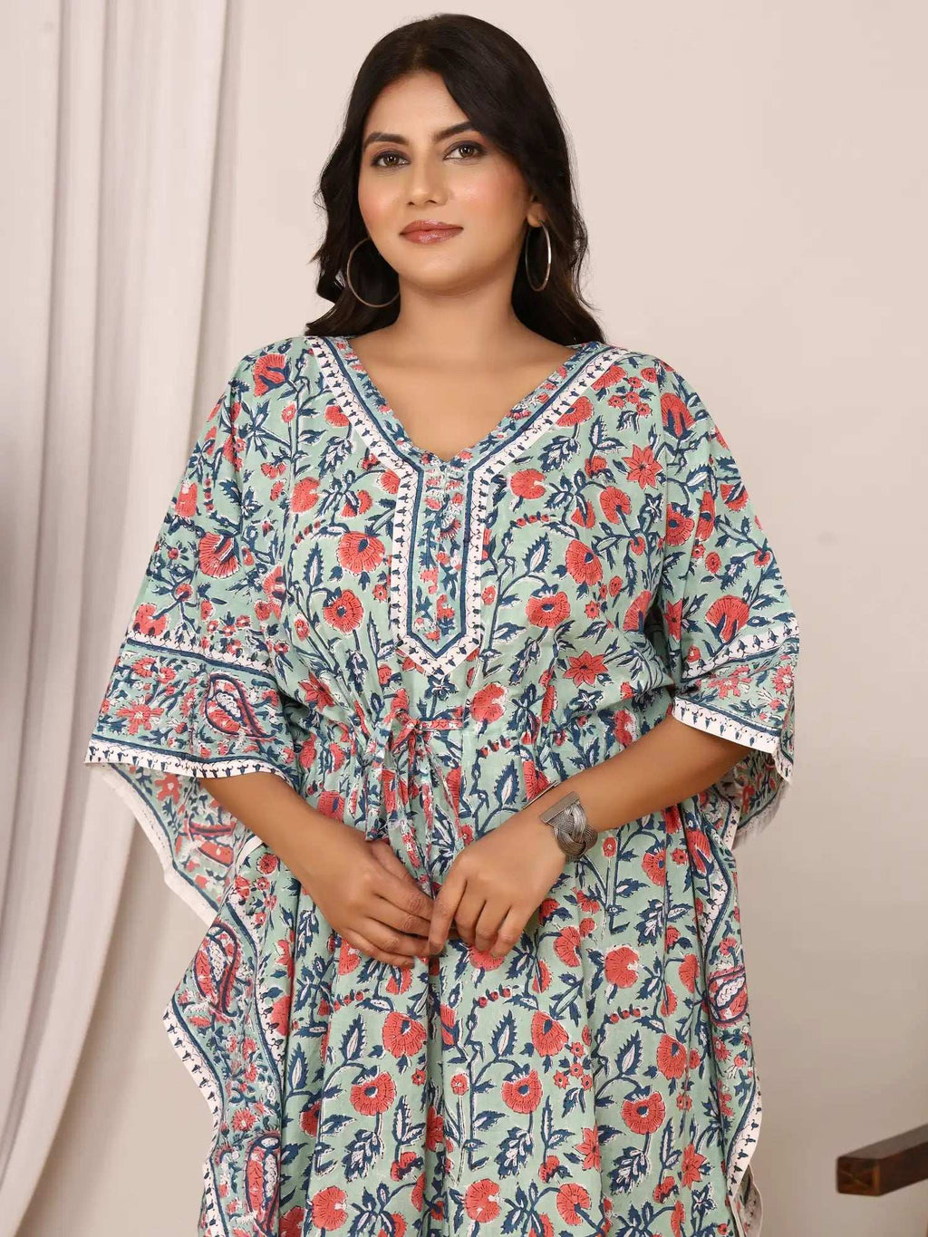 Sanganeri Floral Print Mint Green & Red Cotton Kaftan
