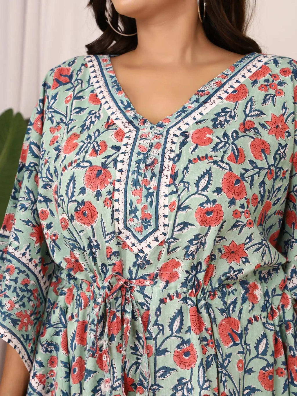 Sanganeri Floral Print Mint Green & Red Cotton Kaftan