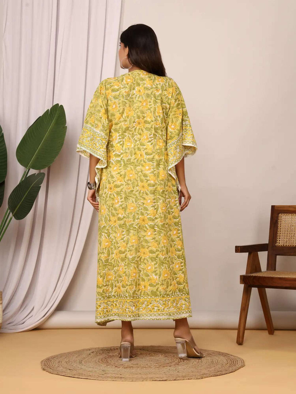 Sanganeri Floral Print Mustard Yellow & Green Cotton Kaftan