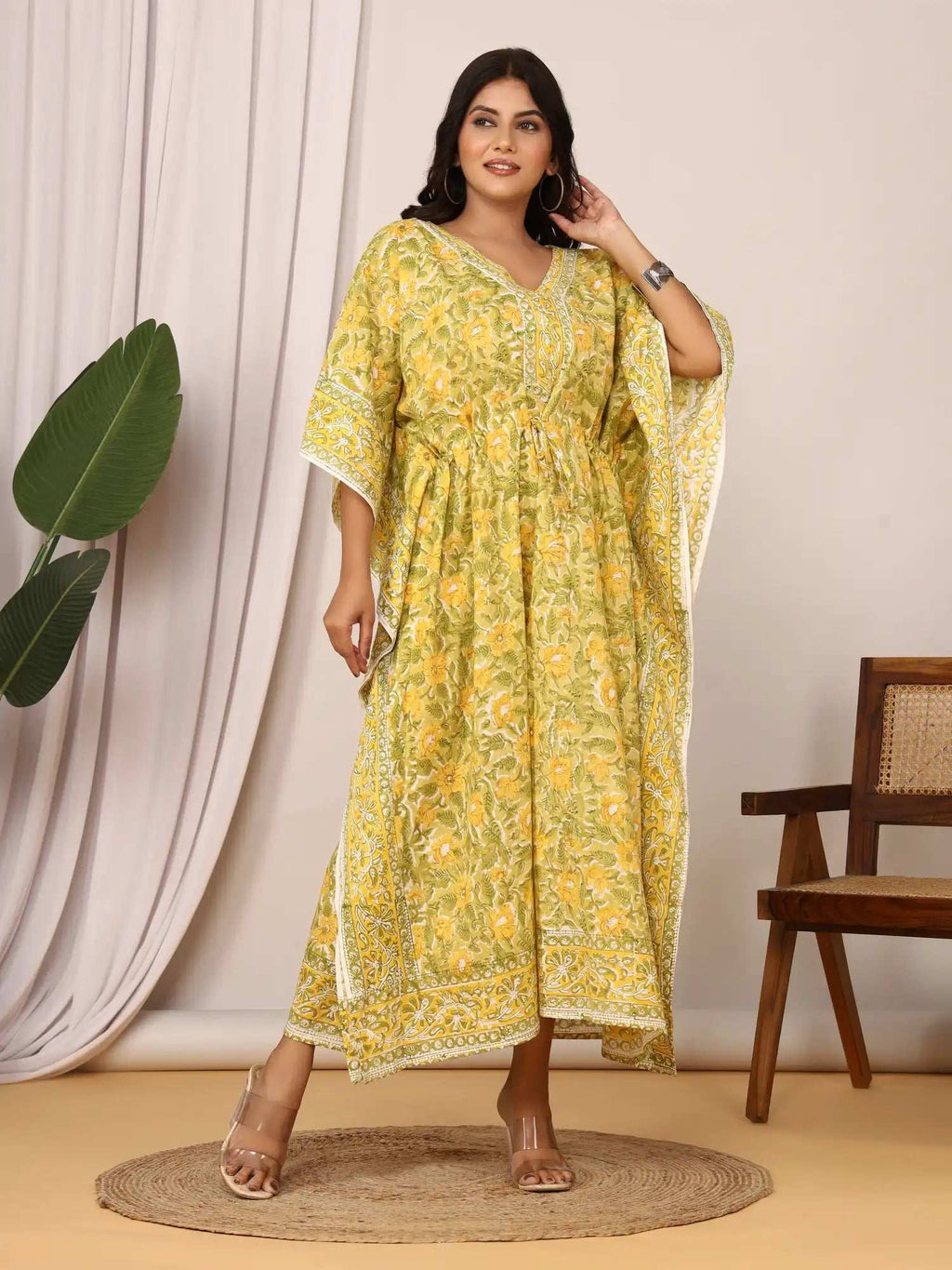Sanganeri Floral Print Mustard Yellow & Green Cotton Kaftan