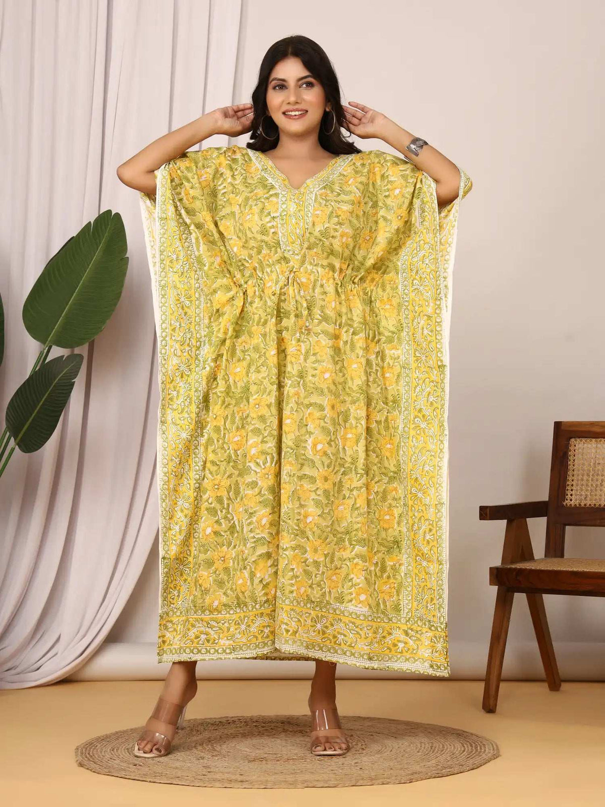 Sanganeri Floral Print Mustard Yellow & Green Cotton Kaftan
