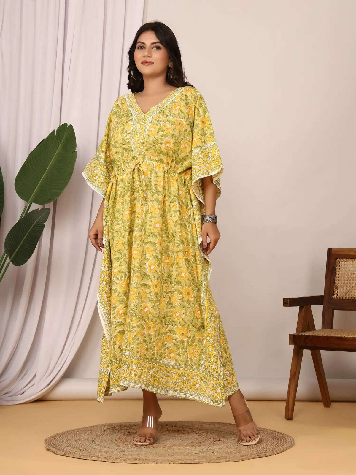 Sanganeri Floral Print Mustard Yellow & Green Cotton Kaftan