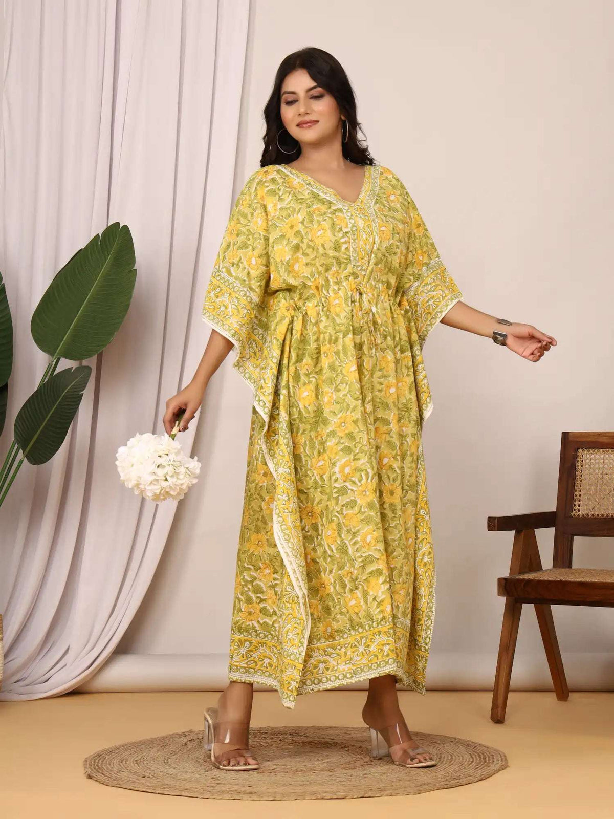 Sanganeri Floral Print Mustard Yellow & Green Cotton Kaftan