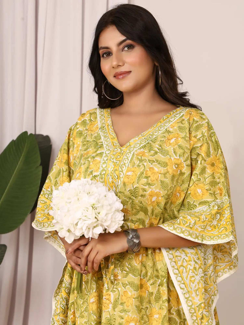 Sanganeri Floral Print Mustard Yellow & Green Cotton Kaftan