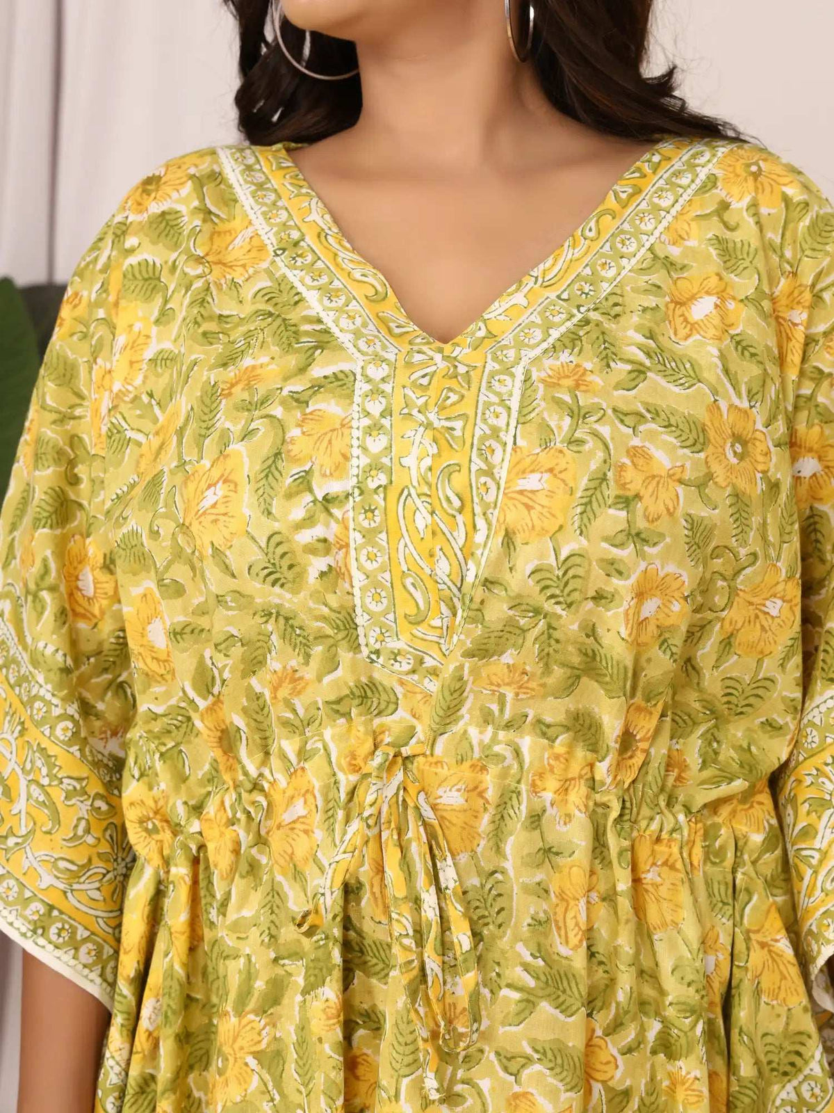 Sanganeri Floral Print Mustard Yellow & Green Cotton Kaftan