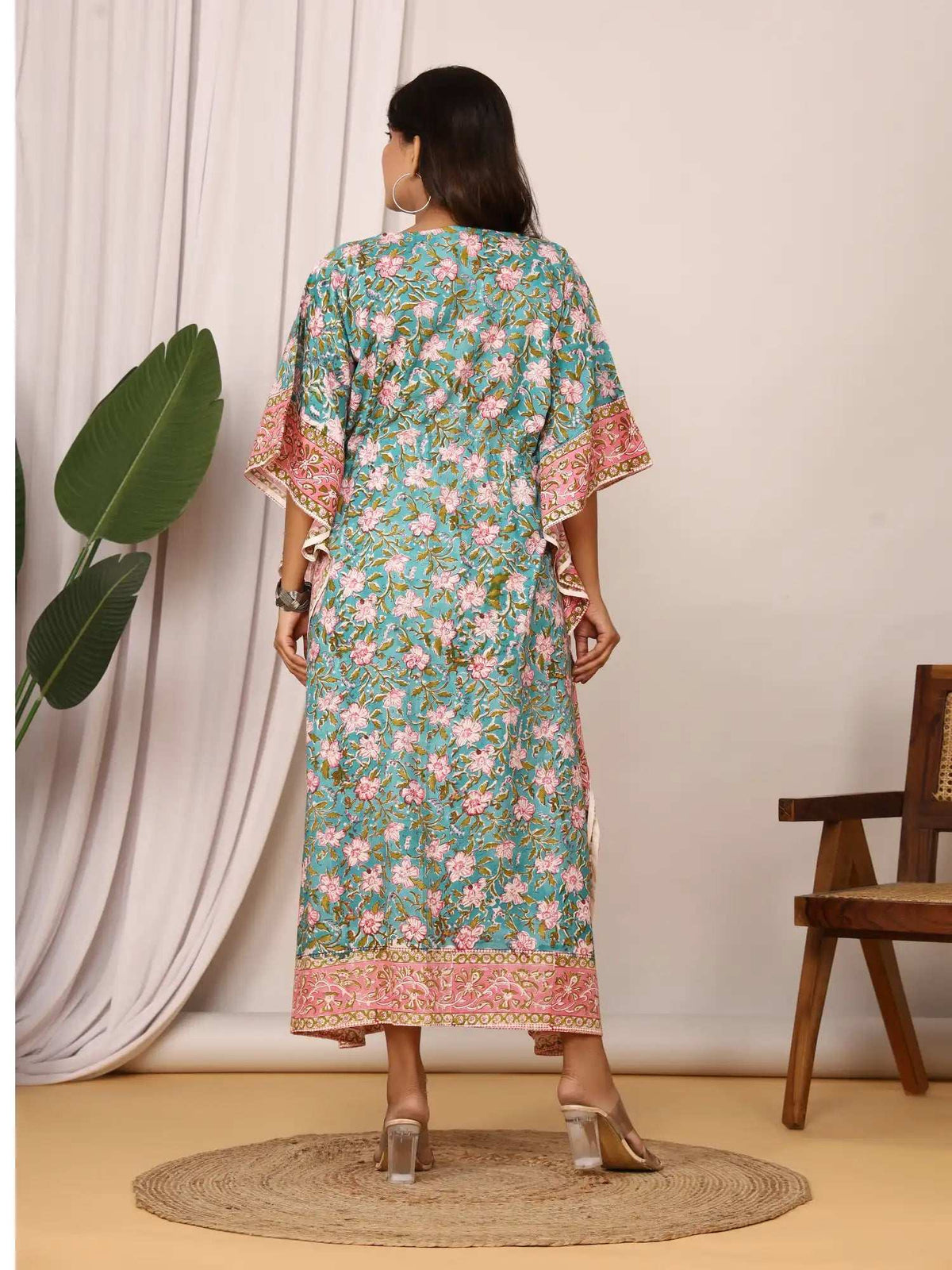 Sanganeri Floral Print Mustard Teal & Pink Cotton Kaftan