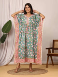 Sanganeri Floral Print Mustard Teal & Pink Cotton Kaftan