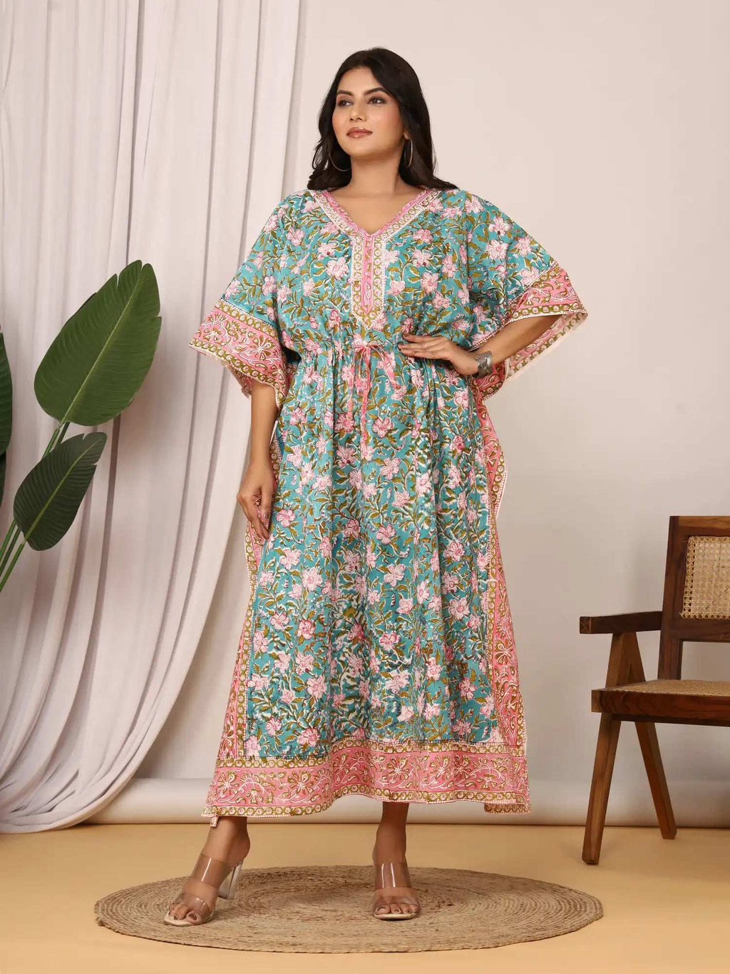 Sanganeri Floral Print Mustard Teal & Pink Cotton Kaftan