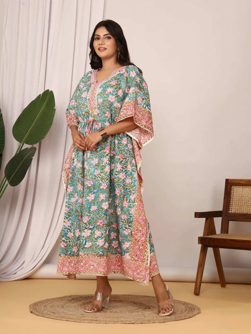 Sanganeri Floral Print Mustard Teal & Pink Cotton Kaftan