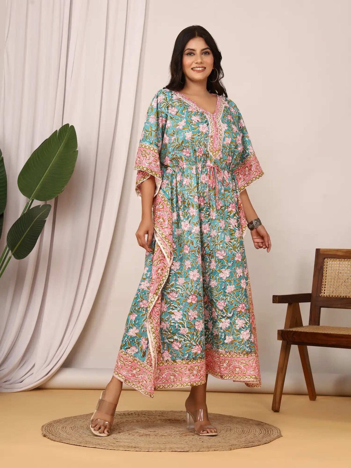 Sanganeri Floral Print Mustard Teal & Pink Cotton Kaftan