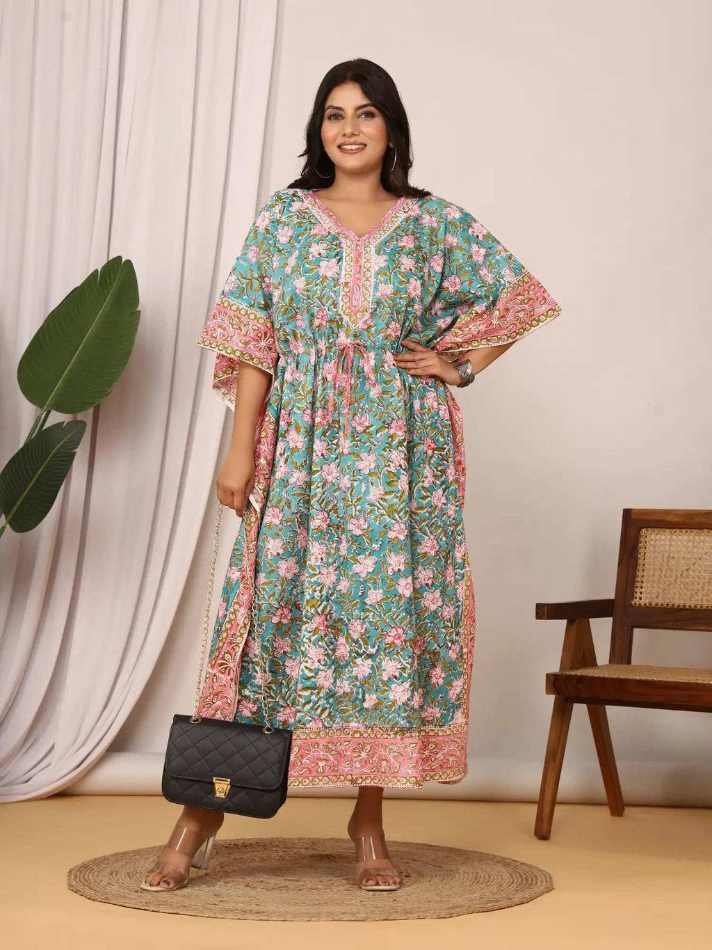 Sanganeri Floral Print Mustard Teal & Pink Cotton Kaftan