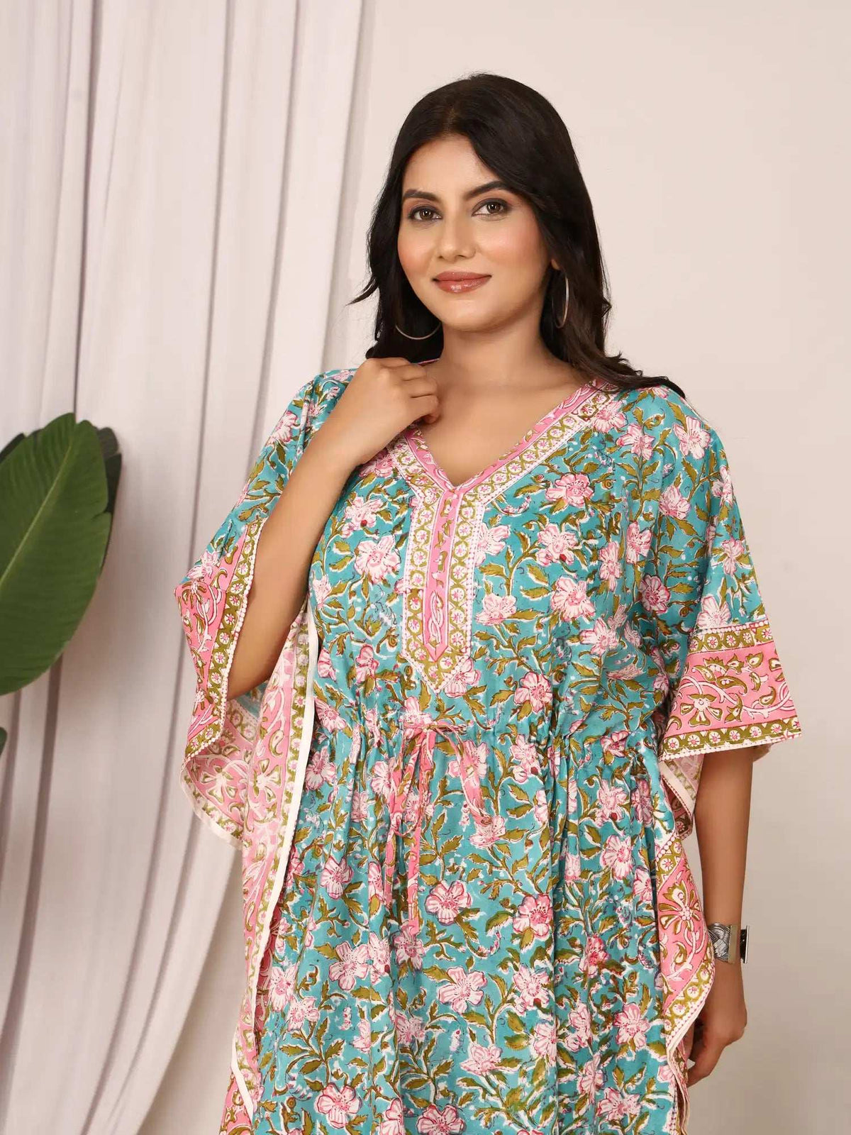 Sanganeri Floral Print Mustard Teal & Pink Cotton Kaftan