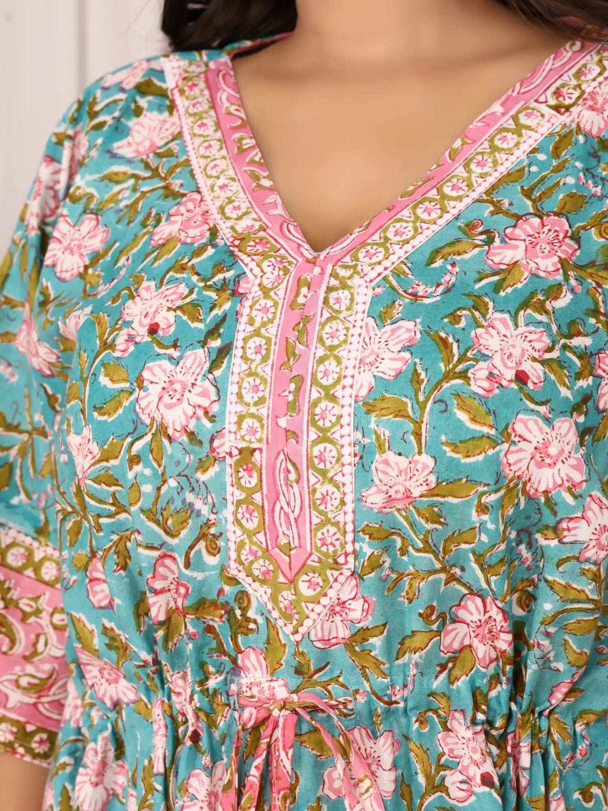 Sanganeri Floral Print Mustard Teal & Pink Cotton Kaftan