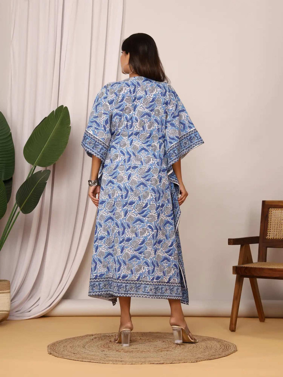 Sanganeri Floral Print Mustard Blue & White Cotton Kaftan