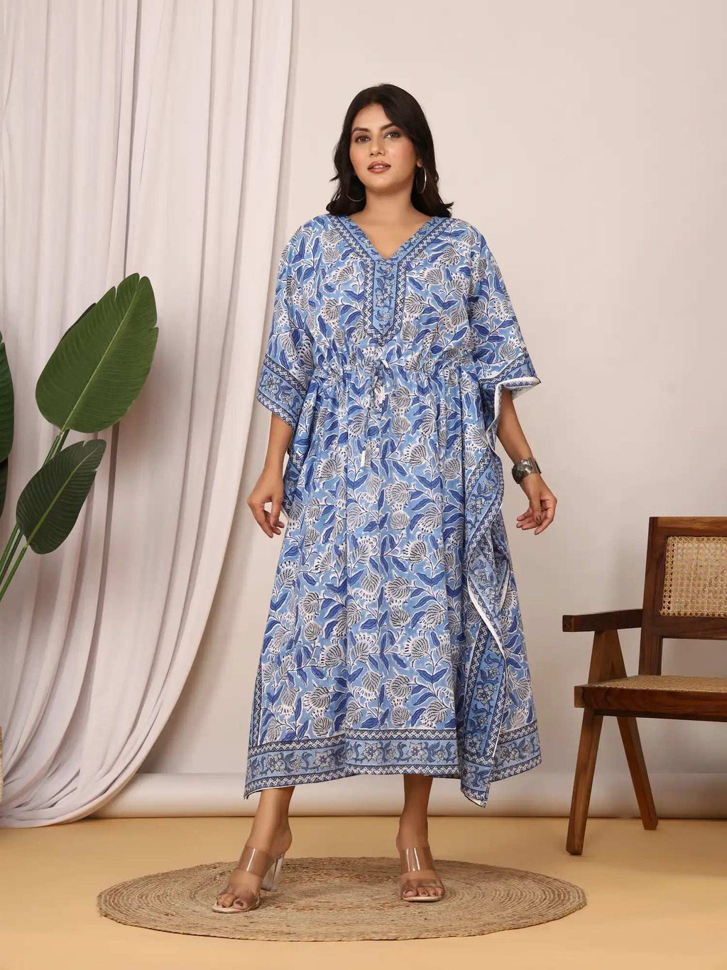 Sanganeri Floral Print Mustard Blue & White Cotton Kaftan