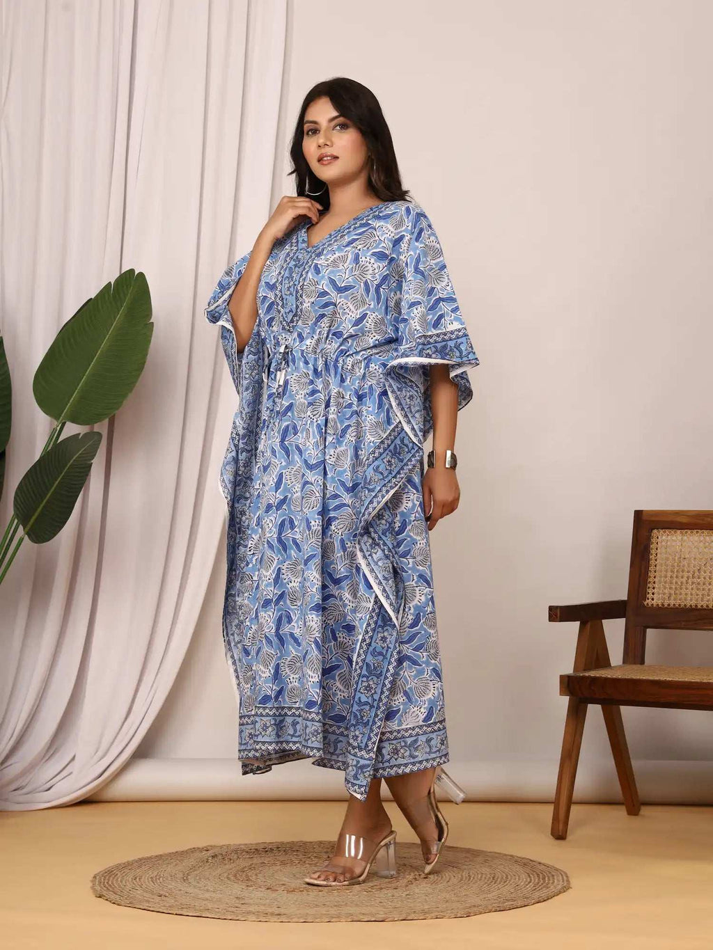 Sanganeri Floral Print Mustard Blue & White Cotton Kaftan