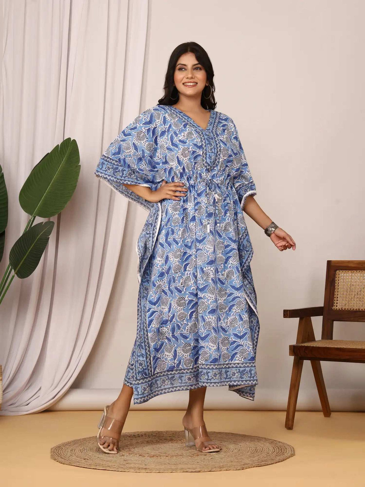Sanganeri Floral Print Mustard Blue & White Cotton Kaftan