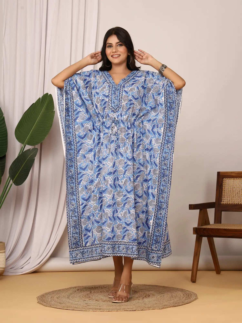 Sanganeri Floral Print Mustard Blue & White Cotton Kaftan