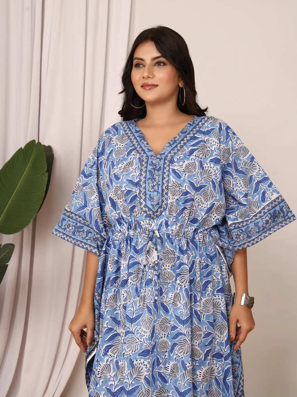 Sanganeri Floral Print Mustard Blue & White Cotton Kaftan