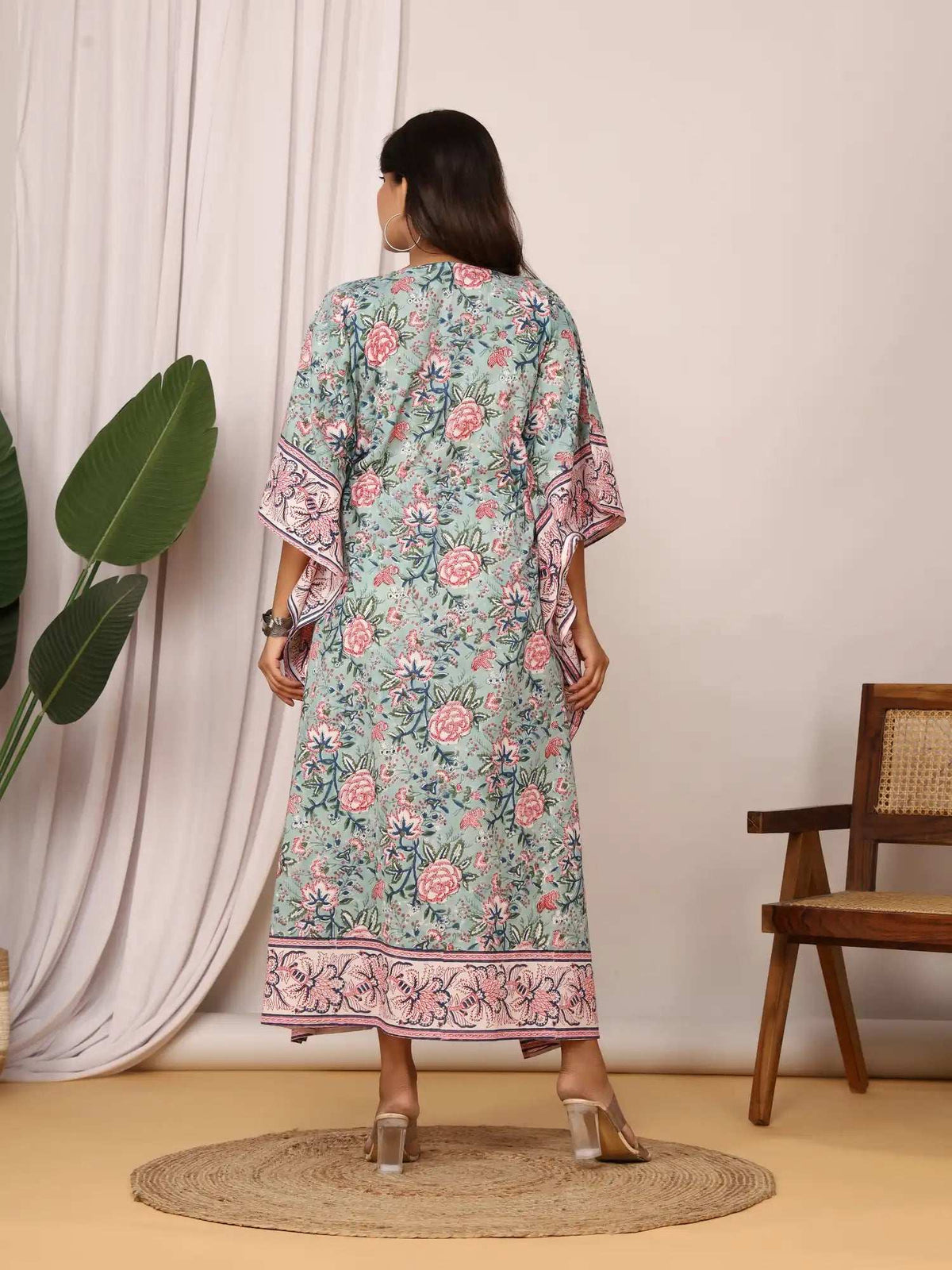 Sanganeri Floral Print Green & Pink Cotton Kaftan