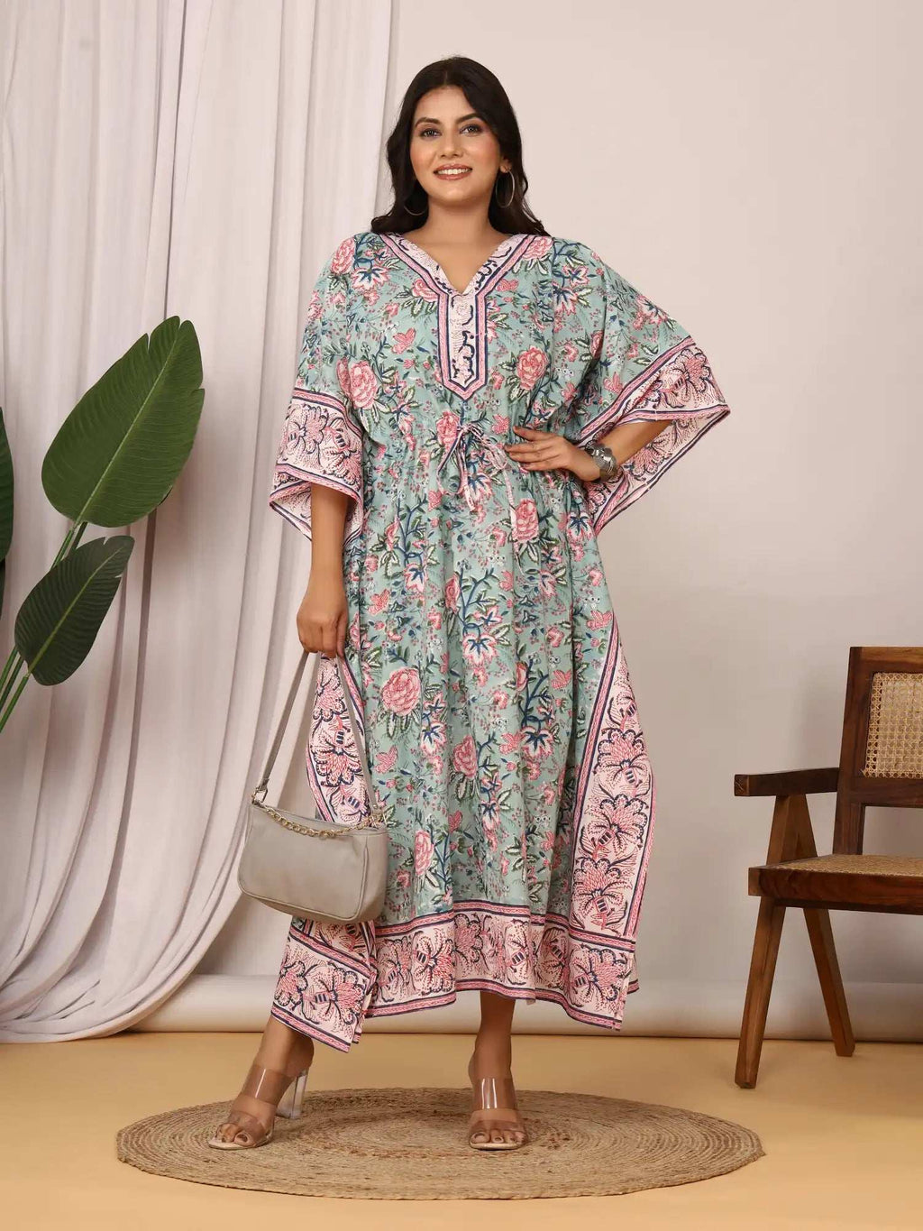 Sanganeri Floral Print Green & Pink Cotton Kaftan