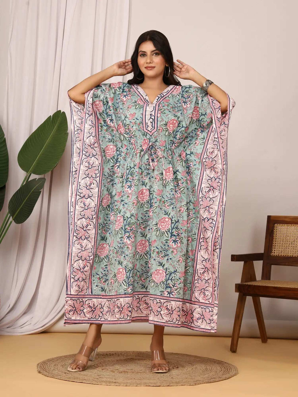 Sanganeri Floral Print Green & Pink Cotton Kaftan