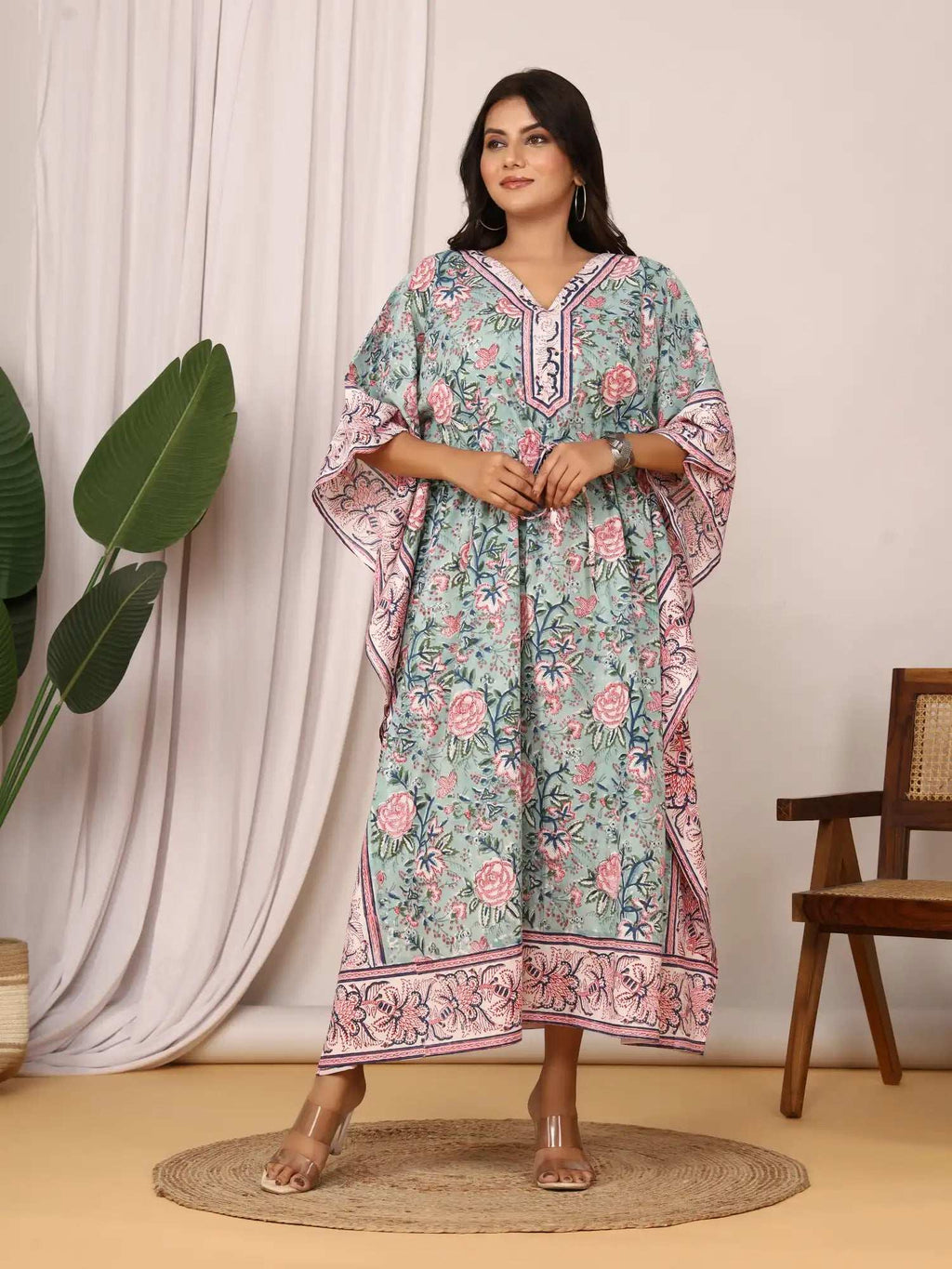 Sanganeri Floral Print Green & Pink Cotton Kaftan