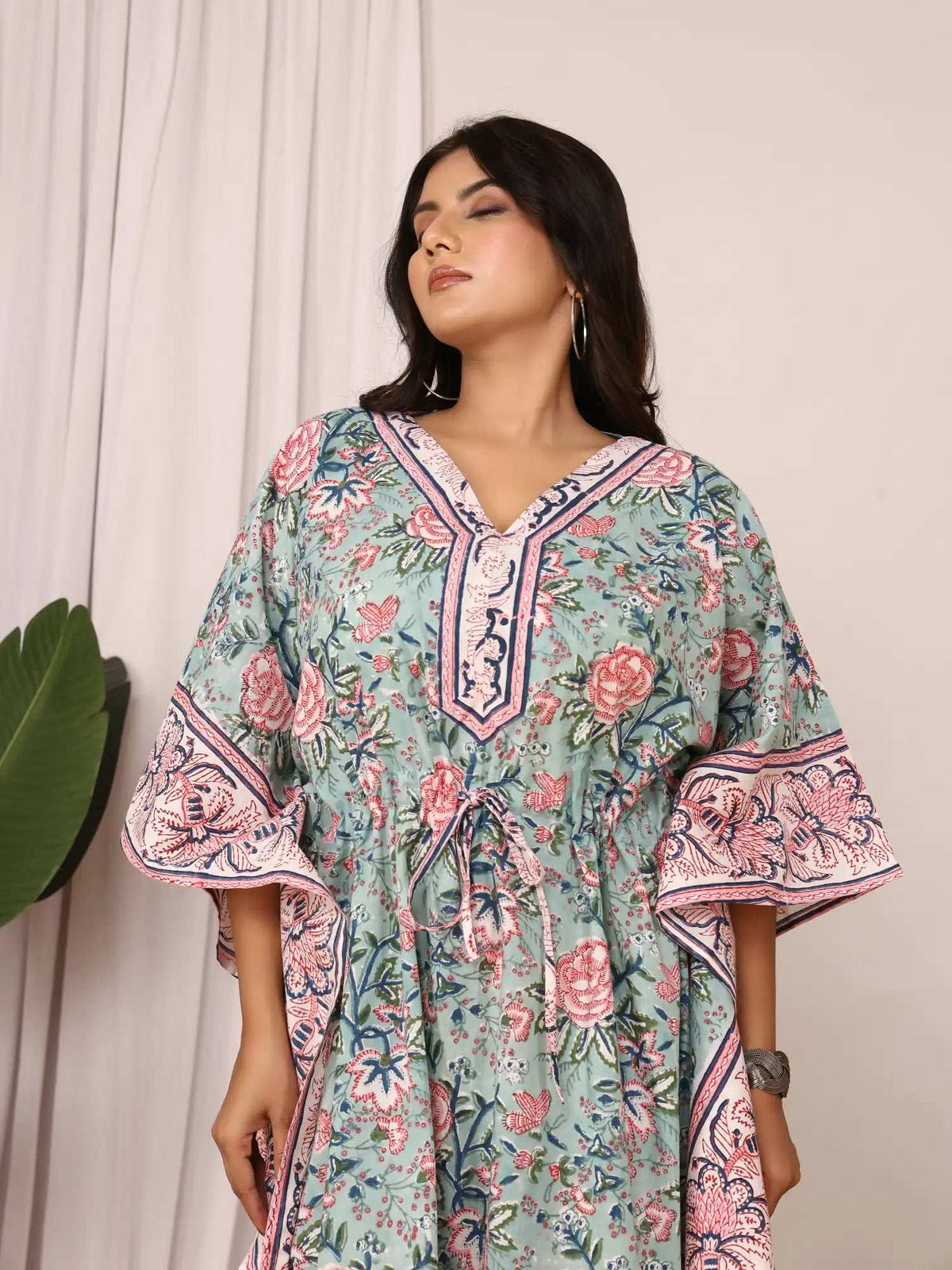 Sanganeri Floral Print Green & Pink Cotton Kaftan