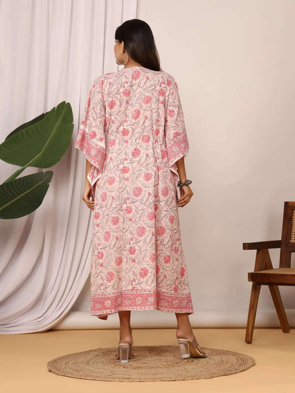 Sanganeri Floral Print Blush Pink Cotton Kaftan