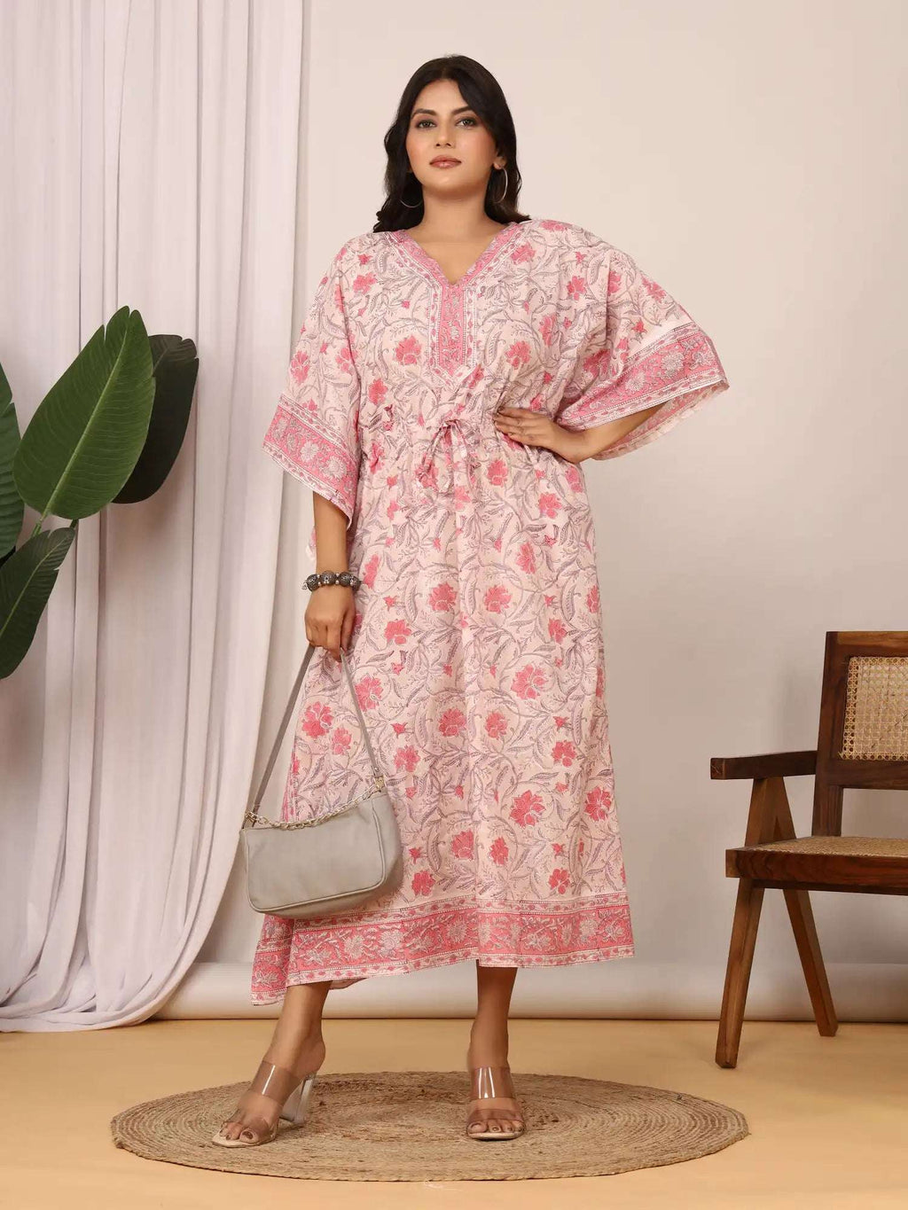 Sanganeri Floral Print Blush Pink Cotton Kaftan