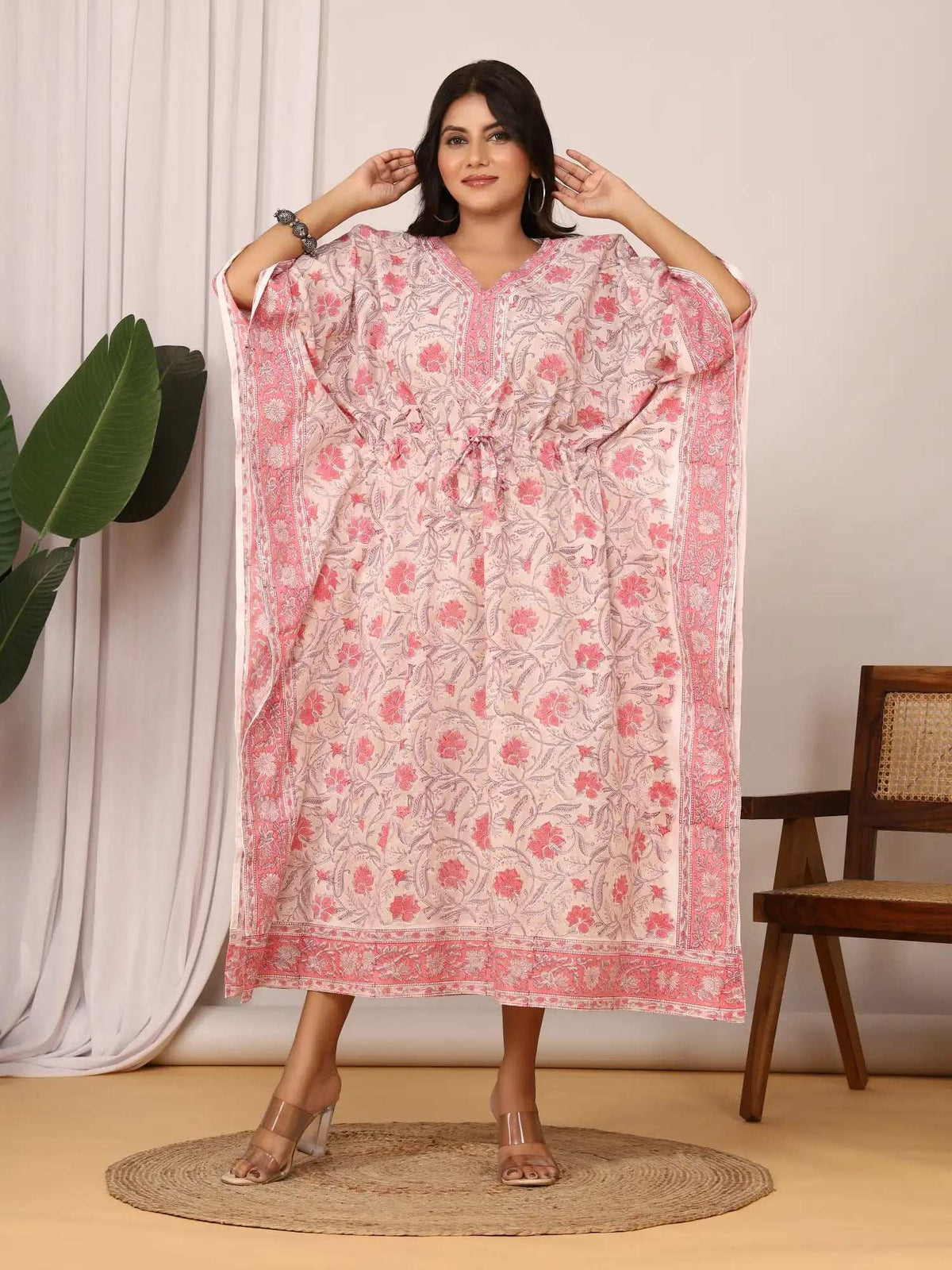 Sanganeri Floral Print Blush Pink Cotton Kaftan