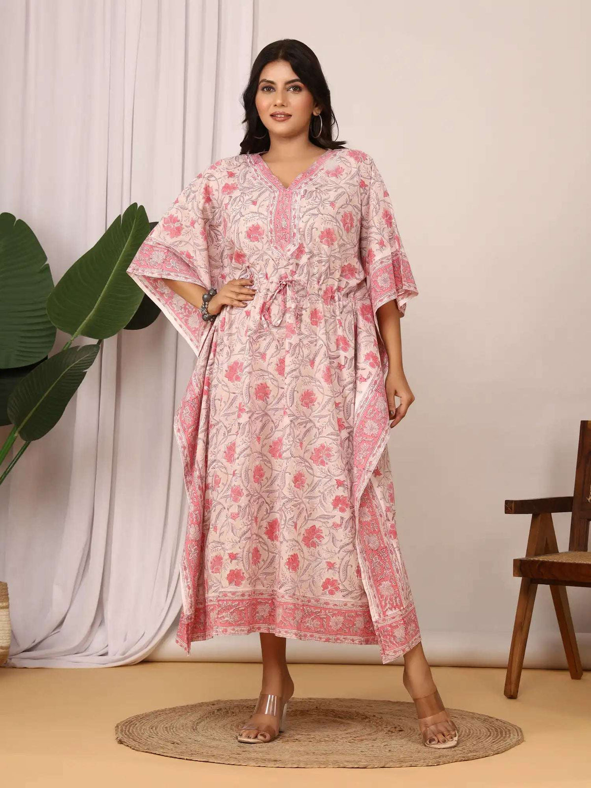 Sanganeri Floral Print Blush Pink Cotton Kaftan
